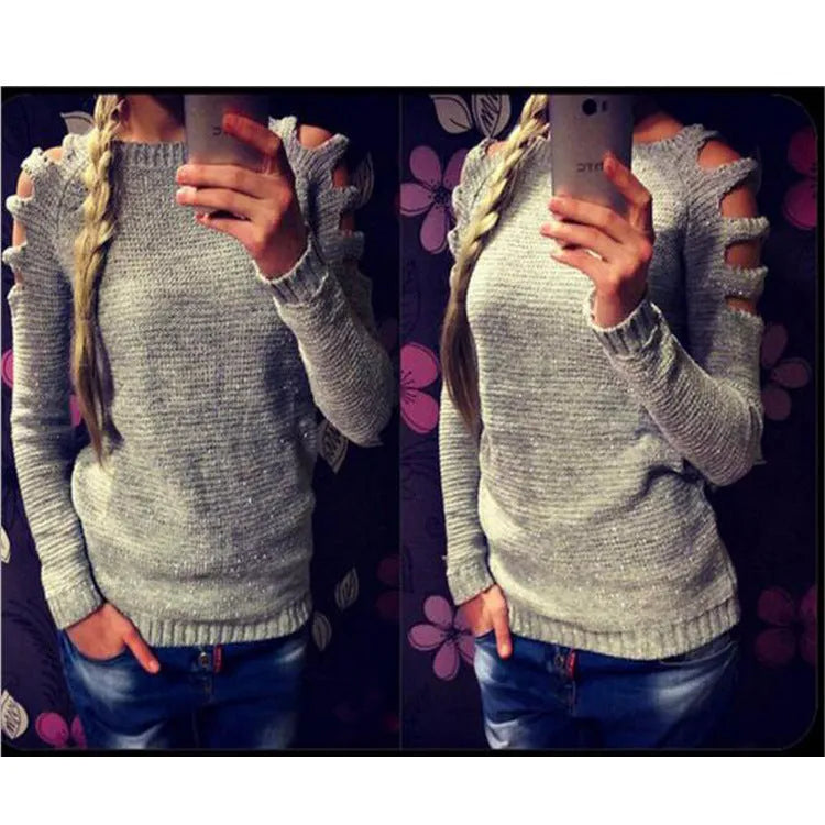Women's white crocheted hollow-out pullover with long sleeves and textured pattern
