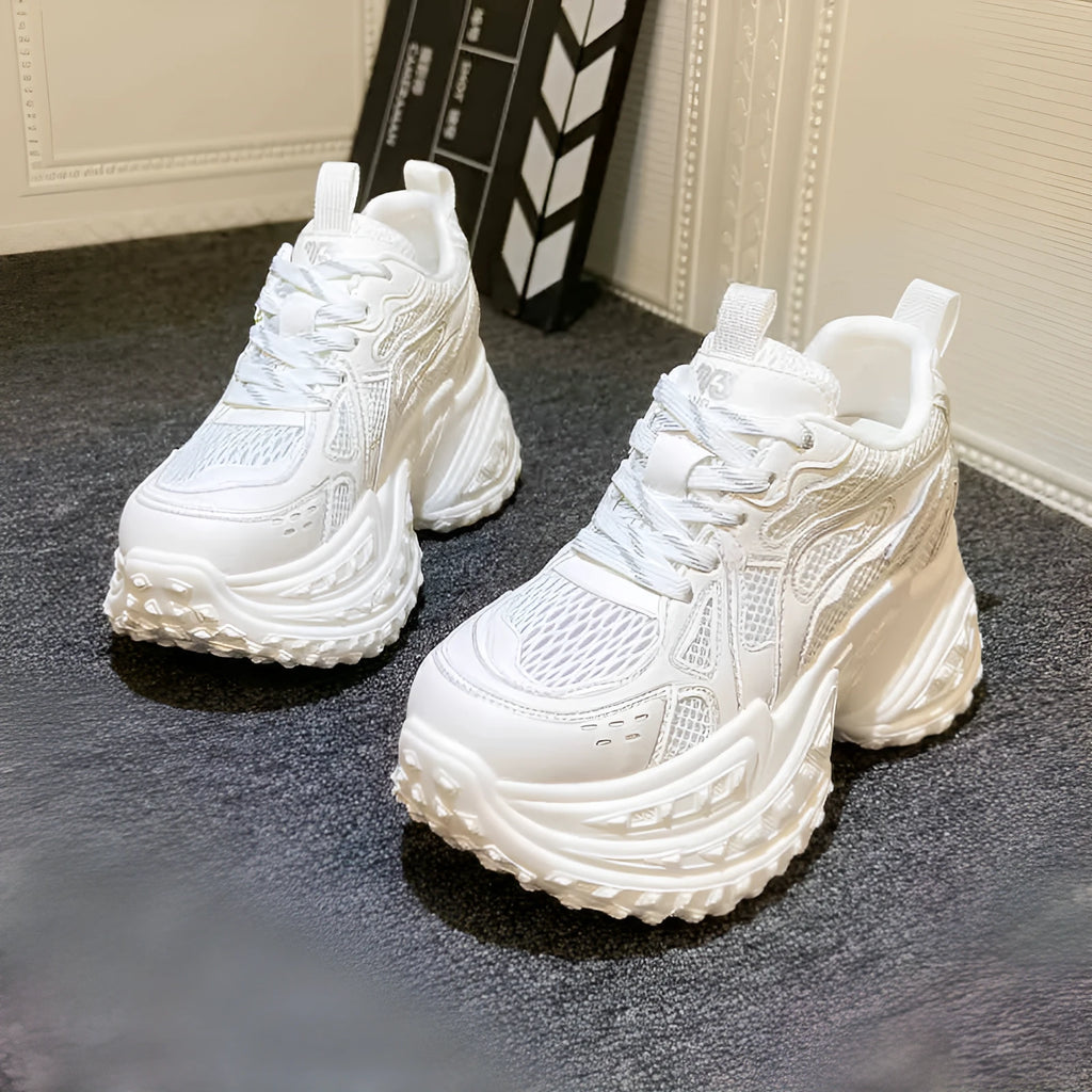 Women's white height increasing dad shoes with lace-up closure and round toe design