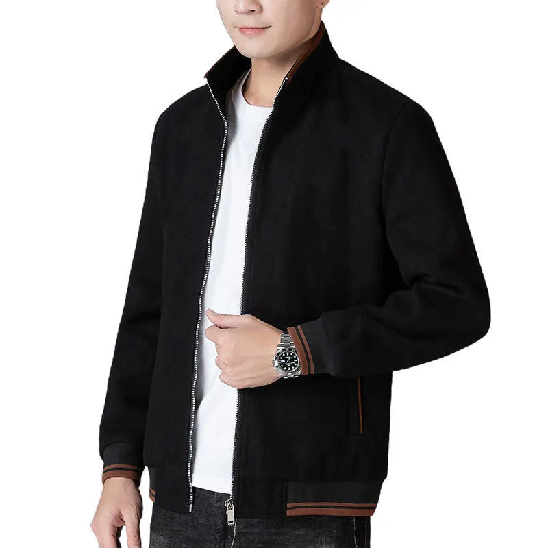 Men's grey woolen fleece sports jacket with long sleeves and a size stick pocket.