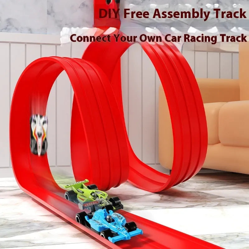 DIY assembled plastic inertia rail car toy set with 4m or 5m red or blue track in a colour box