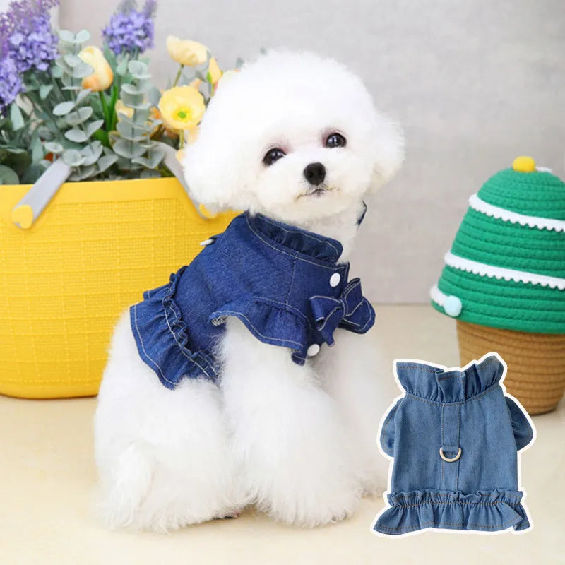 Blue denim dog dress with ruffle vest design and chest leash hook in various sizes