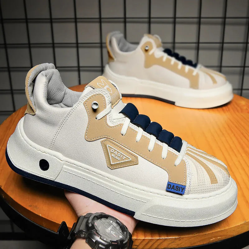 Men's beige low-top sneakers with elastic band and microfiber upper