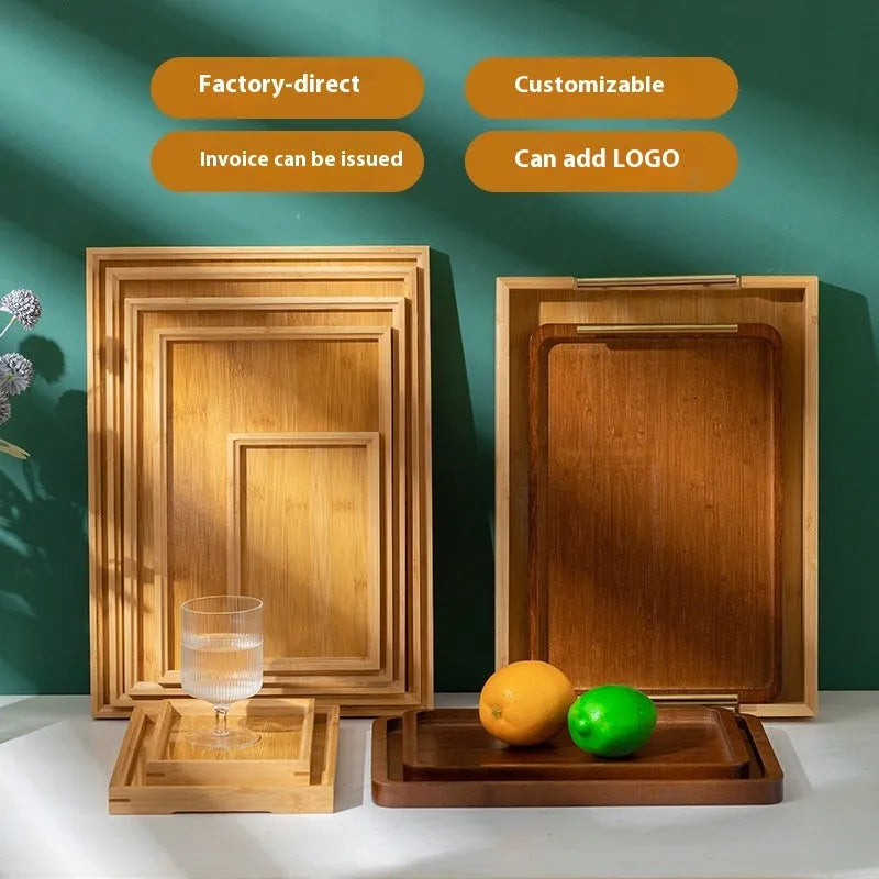 Square bamboo serving tray with brown handle on solid colour background