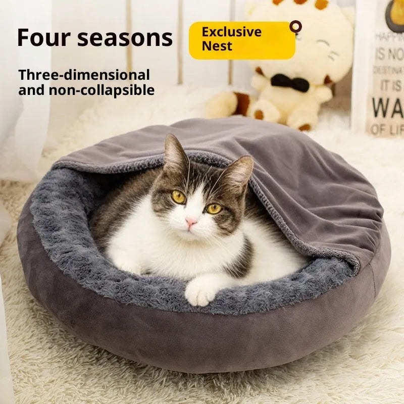 Round dark grey cat bed with thickened flannel surface, available in 50cm, 60cm and 70cm diameters