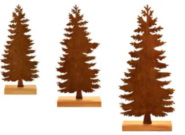 Three rustic metal Christmas tree ornaments shaped like elk with an oxidised iron finish.