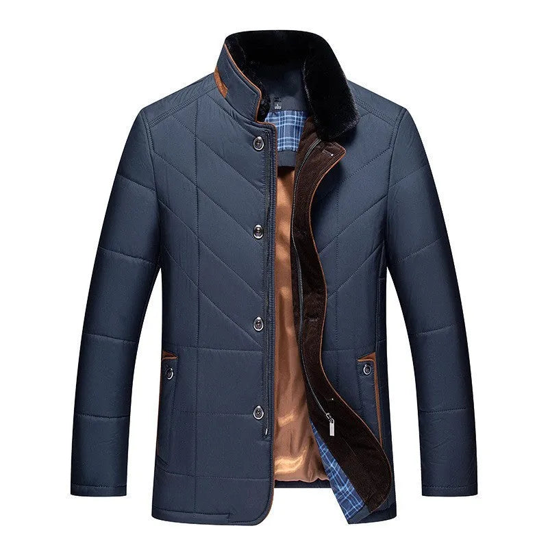 Men's solid colour winter short coat with side seam pockets available in dark blue, wine red, and dark green