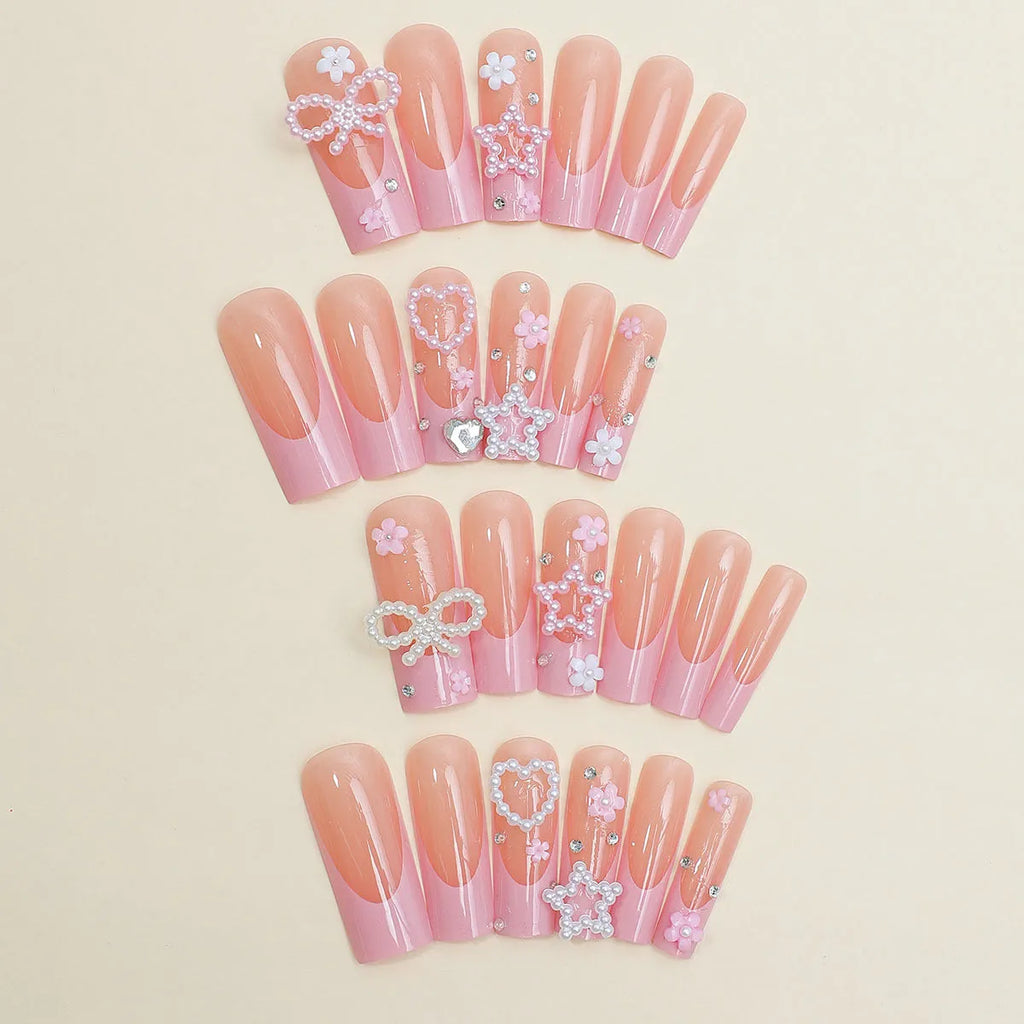 Super long water pipe French style nail decoration with drill bow and red love pattern on plastic armour suit.