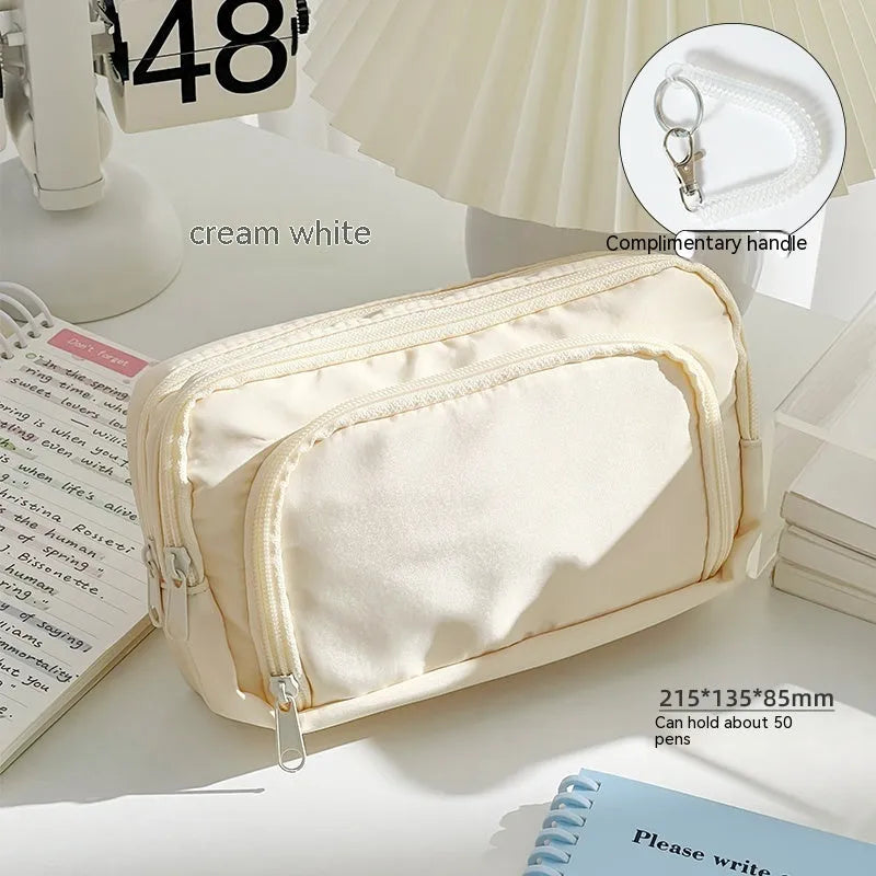 Double layer pencil case in solid colour with gift handle, dimensions 215mm x 135mm x 85mm