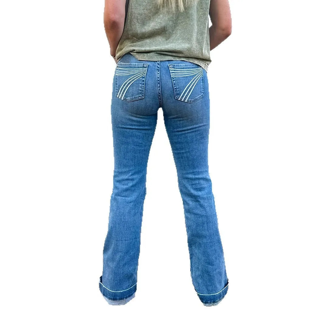 Women's slim fit mid-waist slightly flared jeans with embroidery detailing on denim fabric