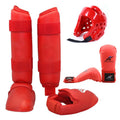 Karate and taekwondo protective gear set with red leg guards, helmet, and boxing gloves
