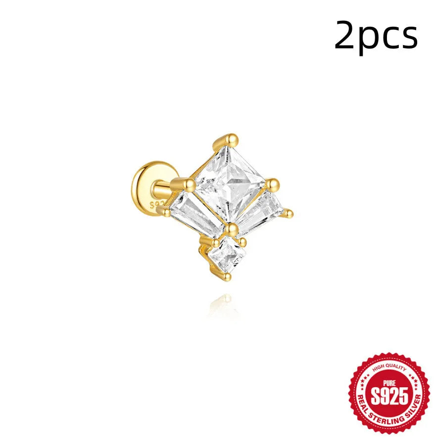S925 Sterling Silver geometric earrings with zircon inlay for double piercings in golden colour