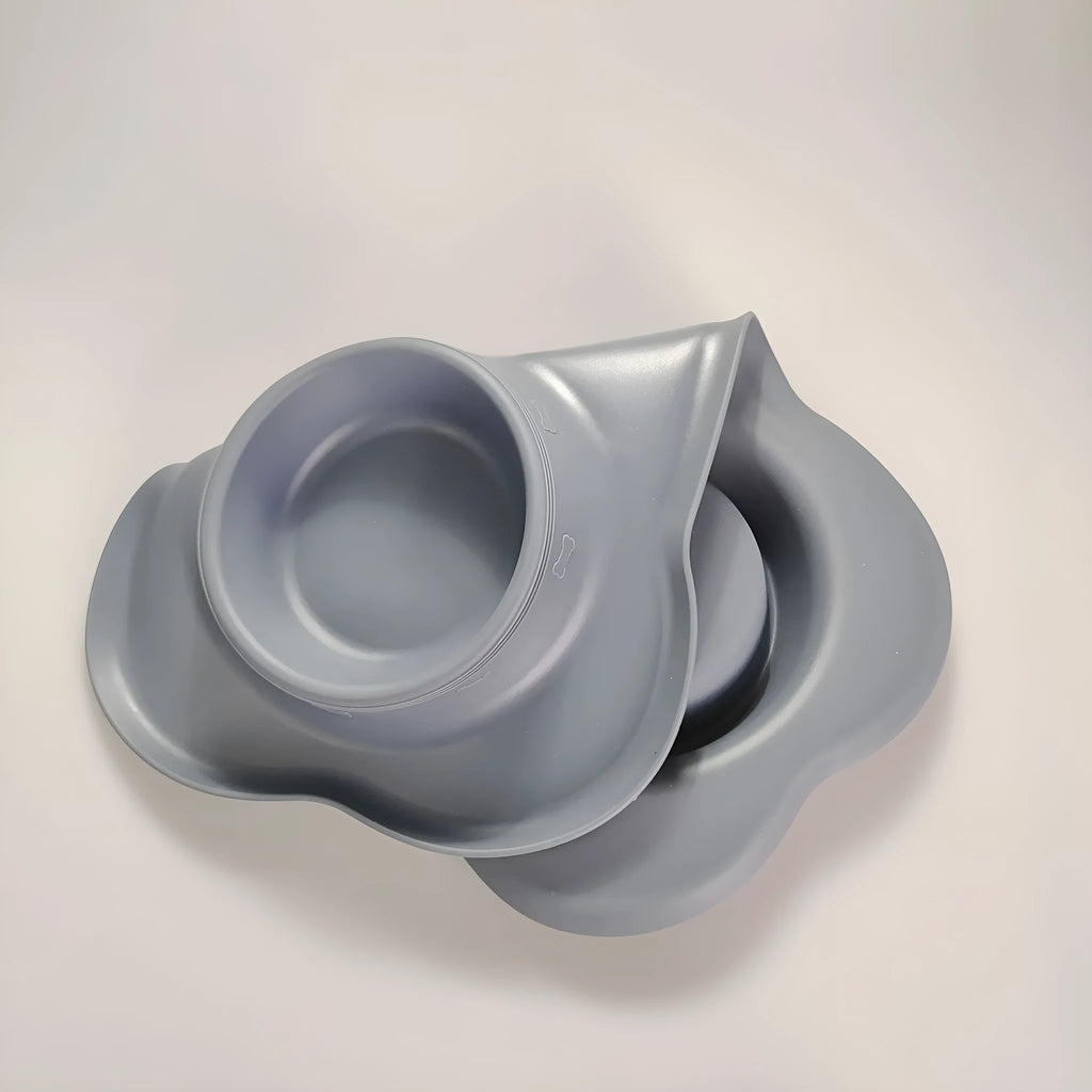 Large silicone double dog bowl with stainless steel food and water inserts in blue colour