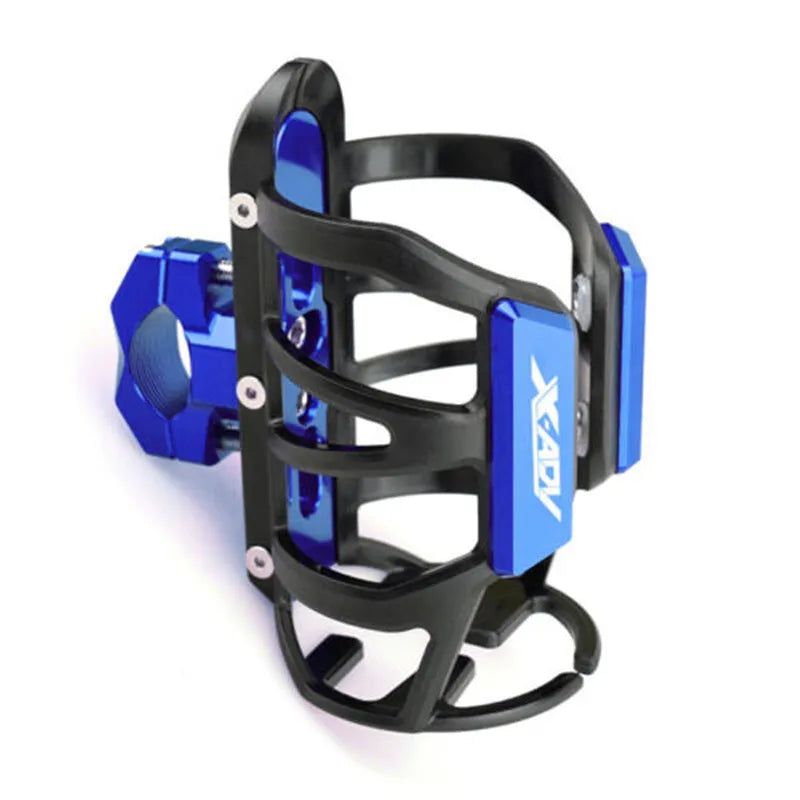 Black water bottle cage mounted on Honda X-ADV scooter bumper with mounting bracket visible