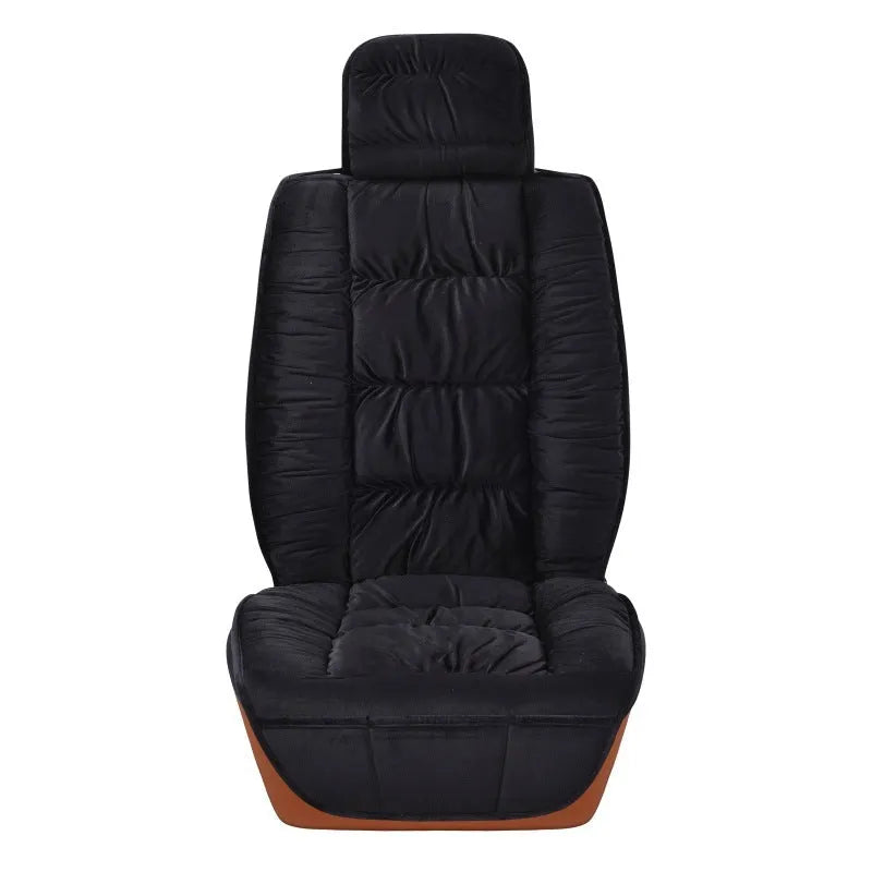 Plush winter car seat cushion cover in grey fitted on a car seat