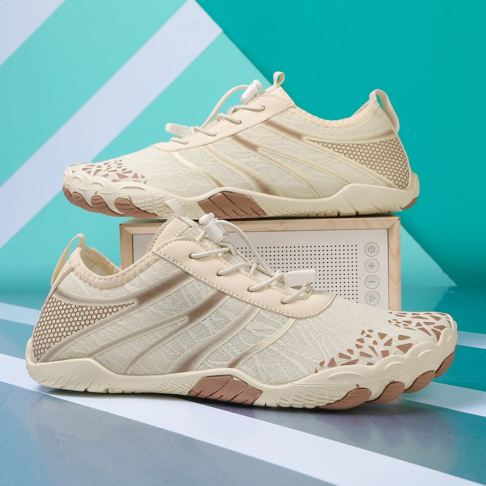 Beach running shoes with Lycra stretch fabric upper in various colours, showing casual design.