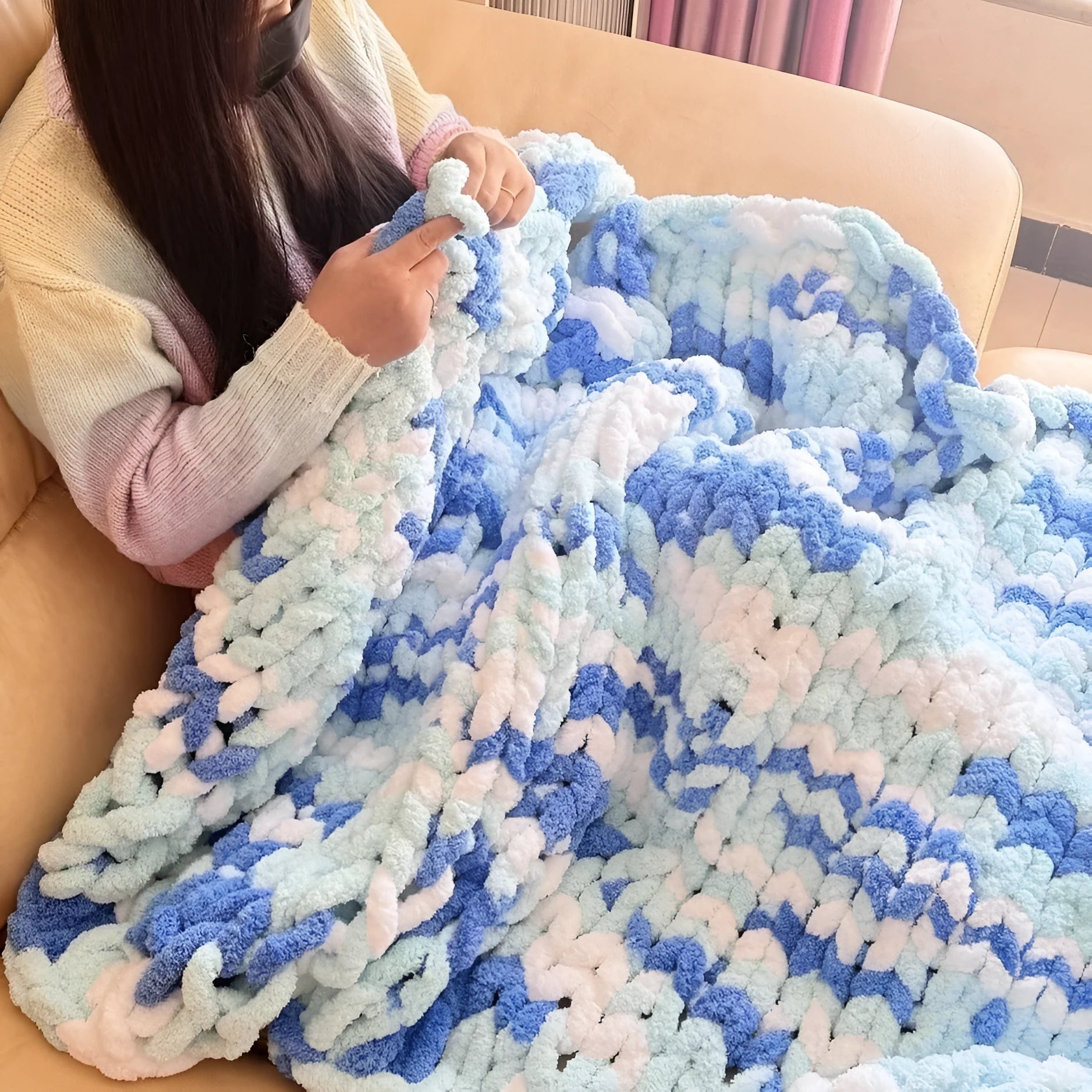 Coarse yarn chenille knitted braided gravity blanket showing texture and colour options
