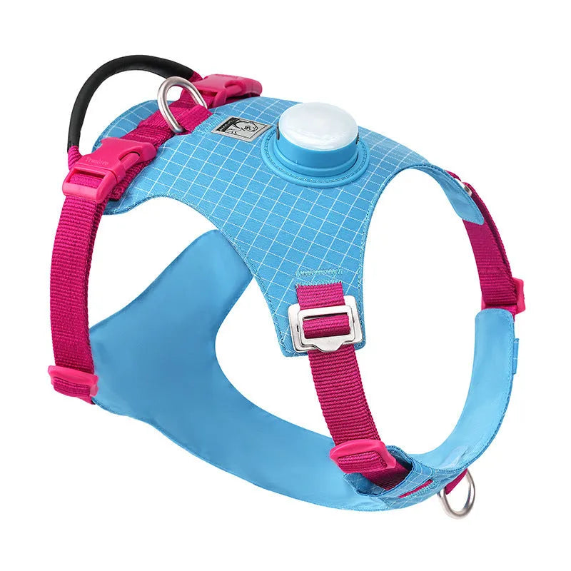 LED dog harness with chest strap in nylon material shown in multiple colour options
