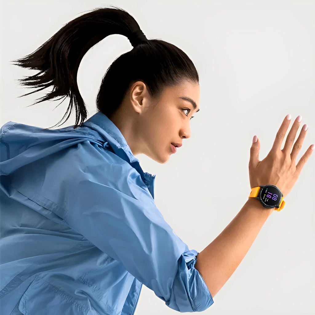 Smart watch with GPS on a silicone strap showing its 1.43 inch touchscreen display.