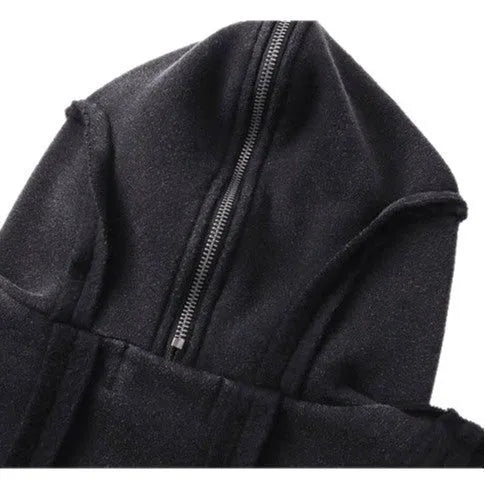 Black cotton hooded coat with zip front, abstract pattern and loose fit