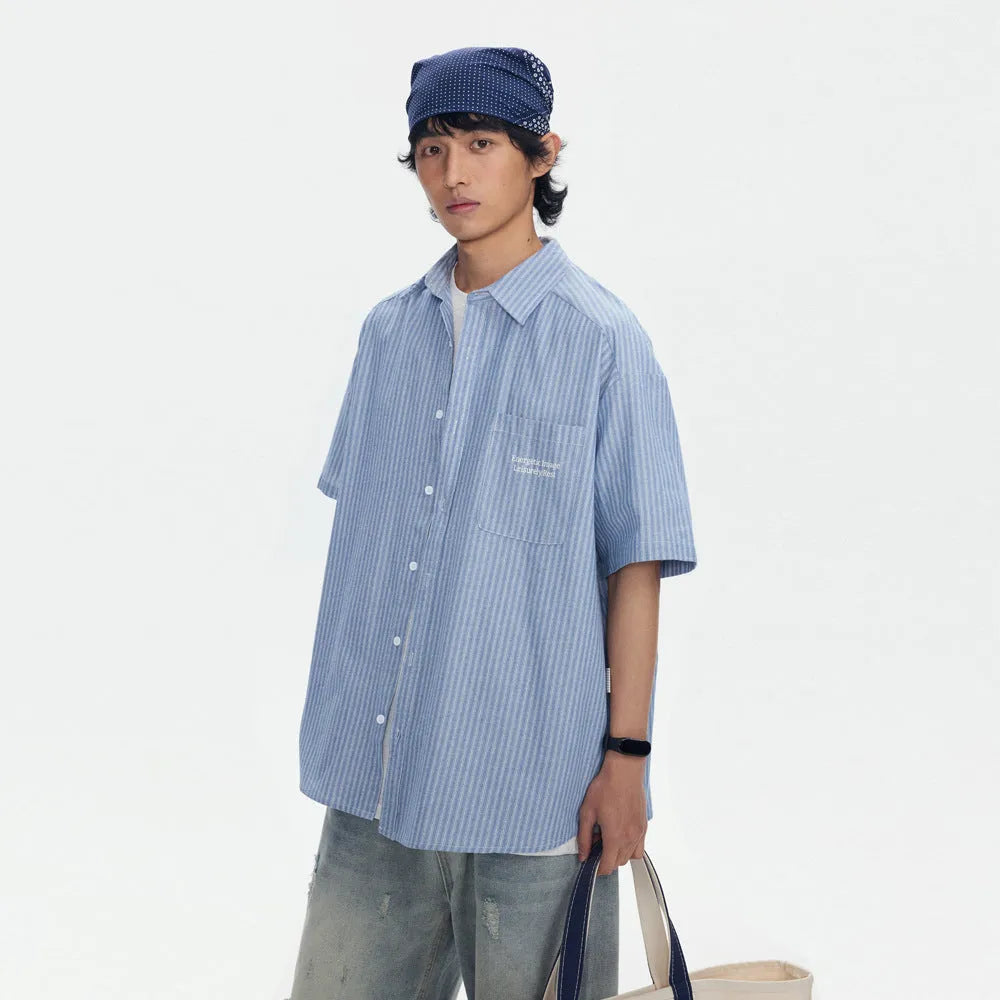Blue striped short-sleeve shirt with loose cardigan style for casual wear