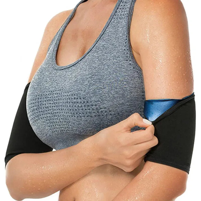 Blue and silver sports arm band sweatband with binding band, shown in various size options.