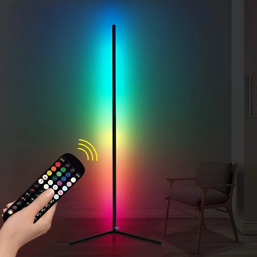 Black aluminium alloy smart floor lamp with RGB lighting and remote control