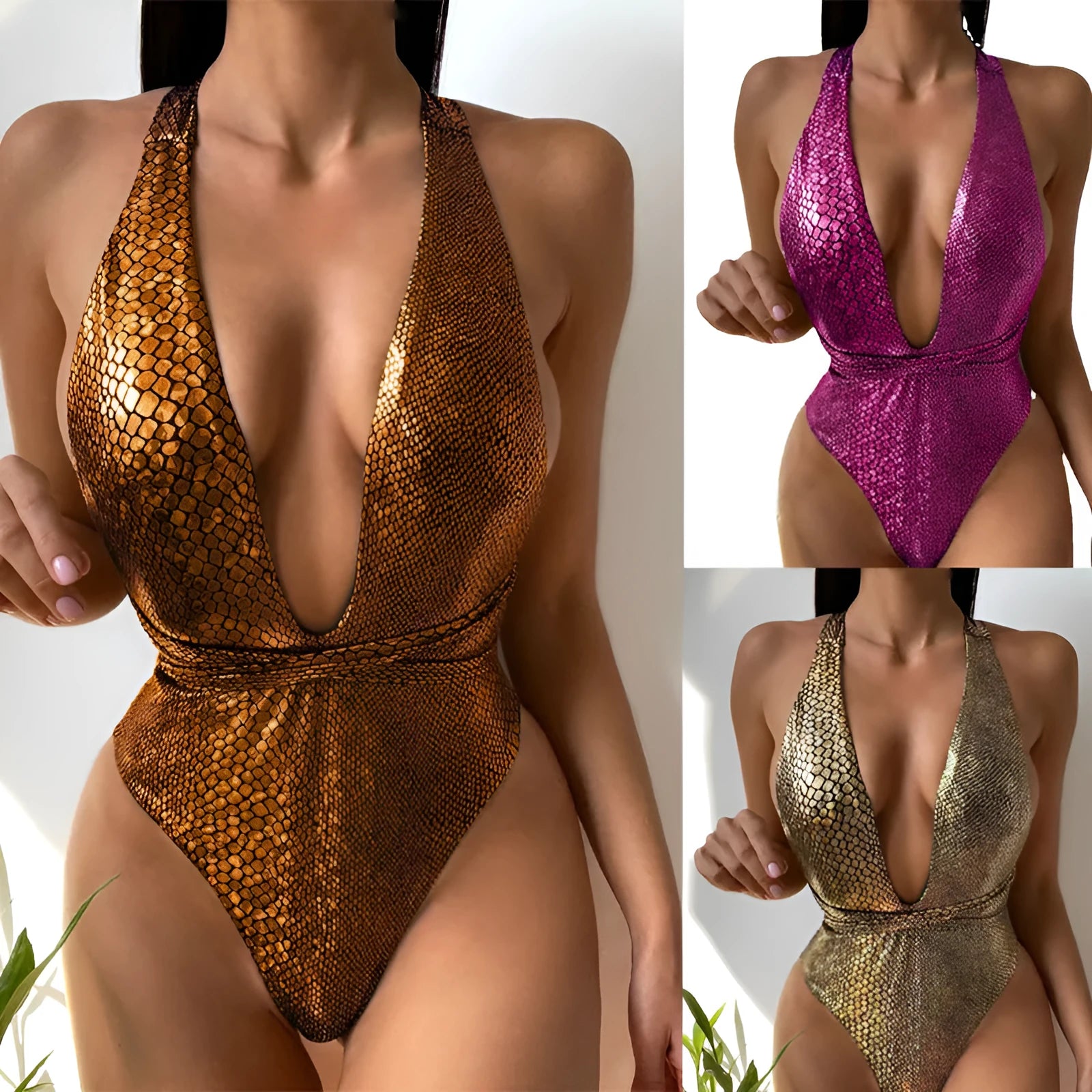 Women's sequined one-piece swimsuit in solid colours with polyester lining