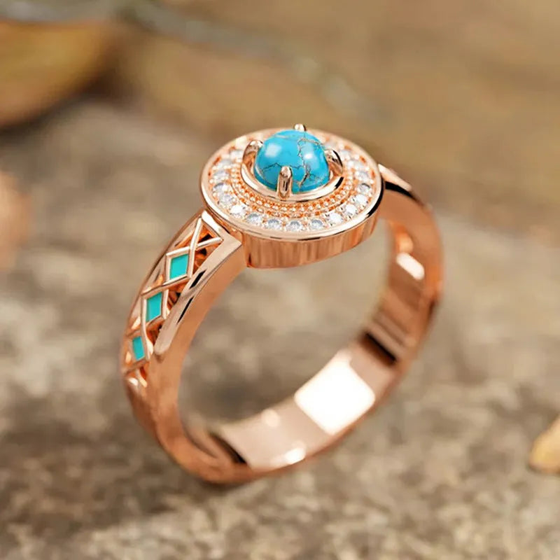Women's turquoise ethnic style copper ring with rose gold finish and micro inlaid zircon geometric design
