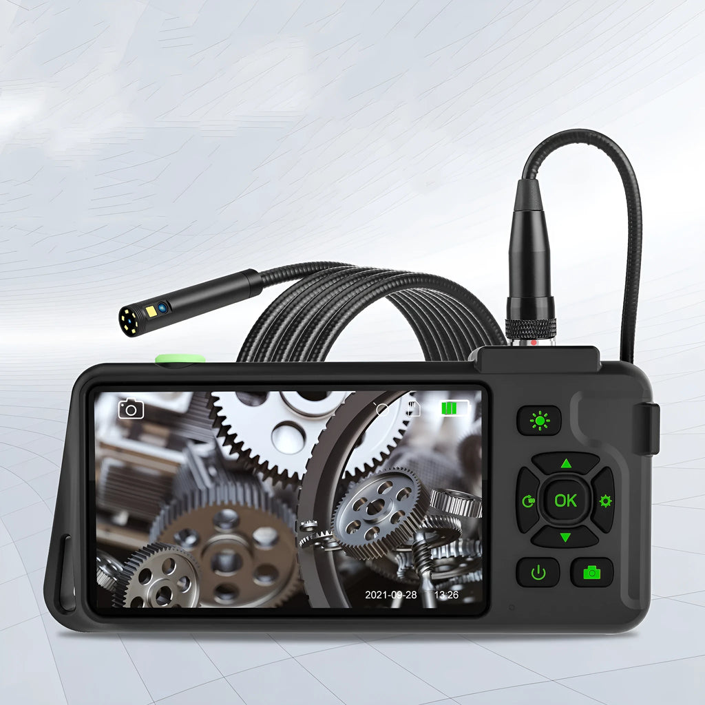 Handheld industrial endoscope with 4.5-inch screen and black probe on a coiled cable