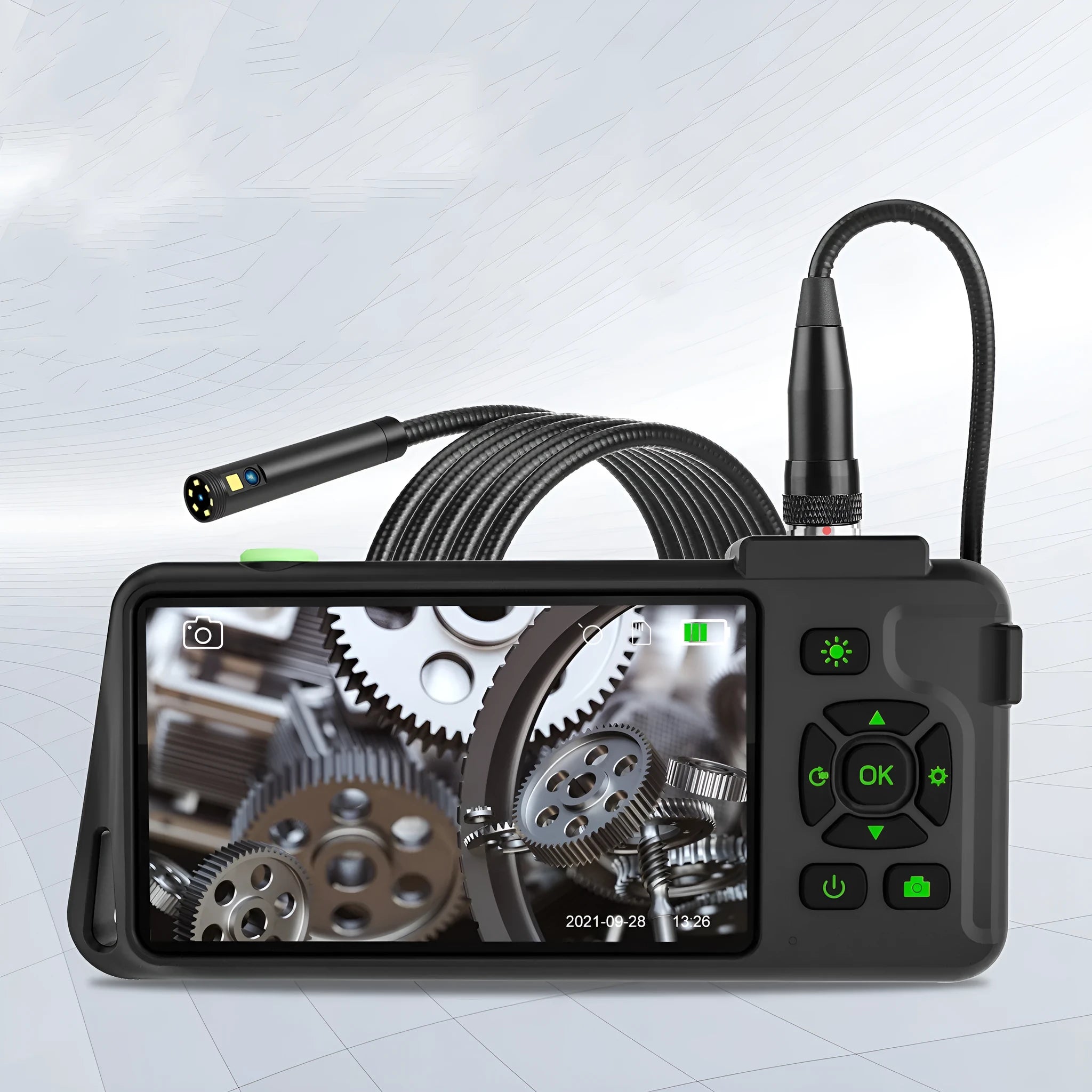 Handheld industrial endoscope with 4.5-inch screen and black probe on a coiled cable