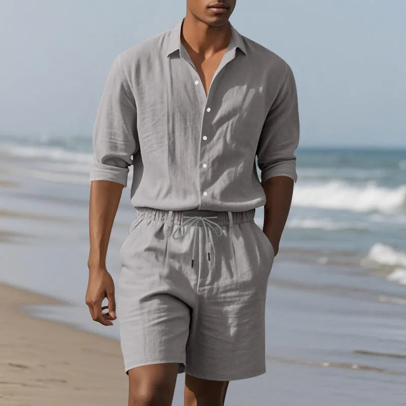 Men's linen summer casual suit with long sleeve shirt and shorts in multiple colours