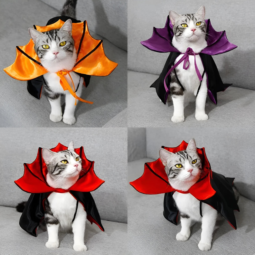 Halloween pet cloak for cats and dogs in batwing or common style, red black purple orange colour options