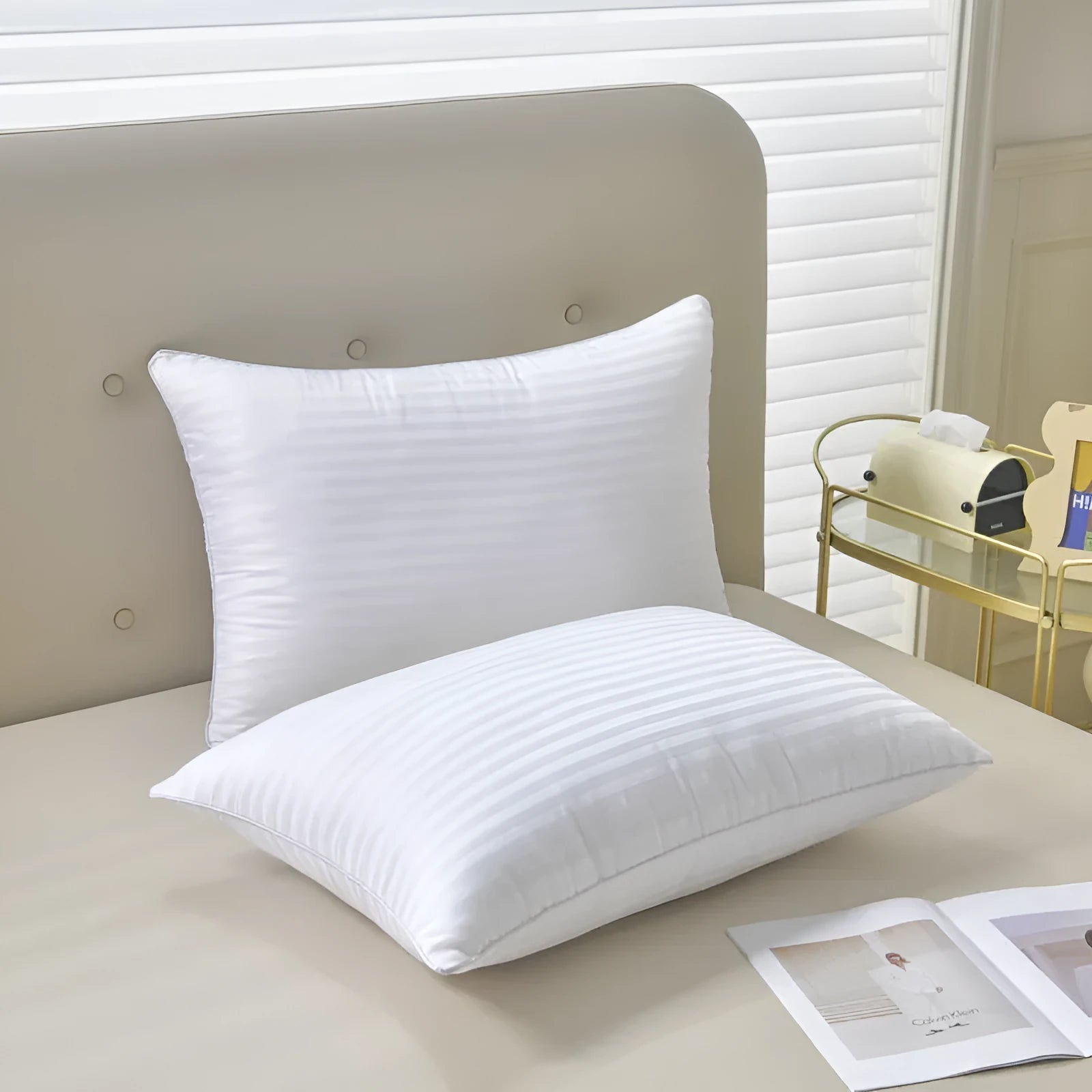White cotton satin stripe pillow with feather and cotton fill, shown in three different sizes.