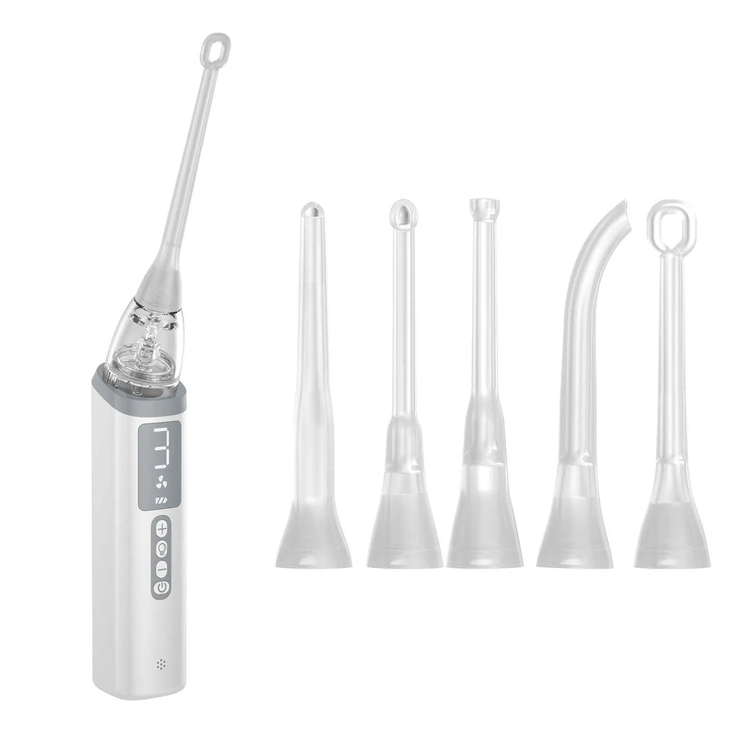 Milky white manual tonsil stone extractor oral cleaning tool set on a white background