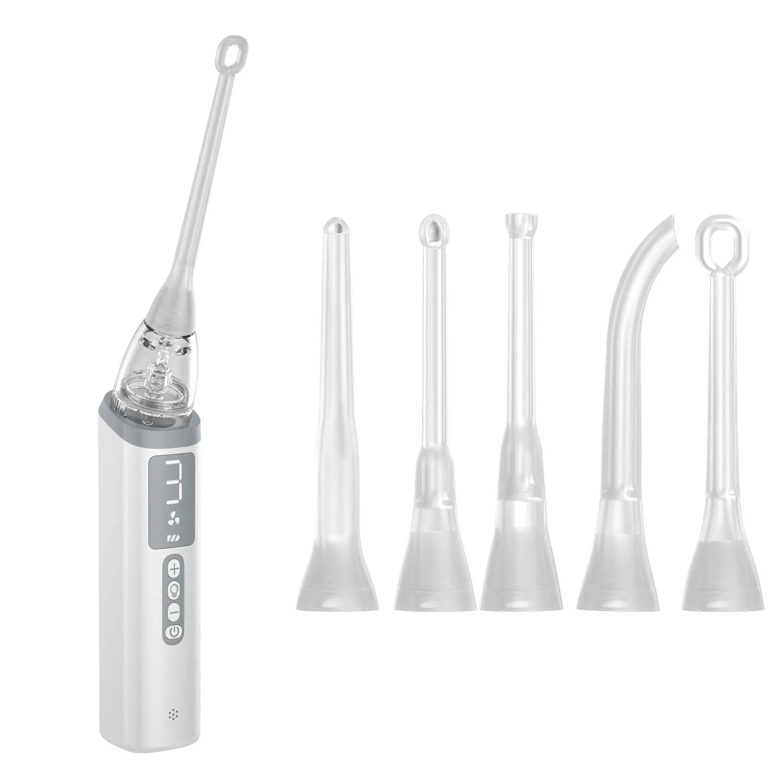 Milky white manual tonsil stone extractor oral cleaning tool set on a white background