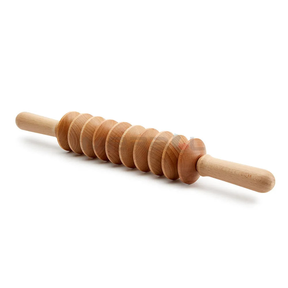 Beech wood massage roller set showing T-shaped roller, multiple wheel sets and a back massager on a plain surface.