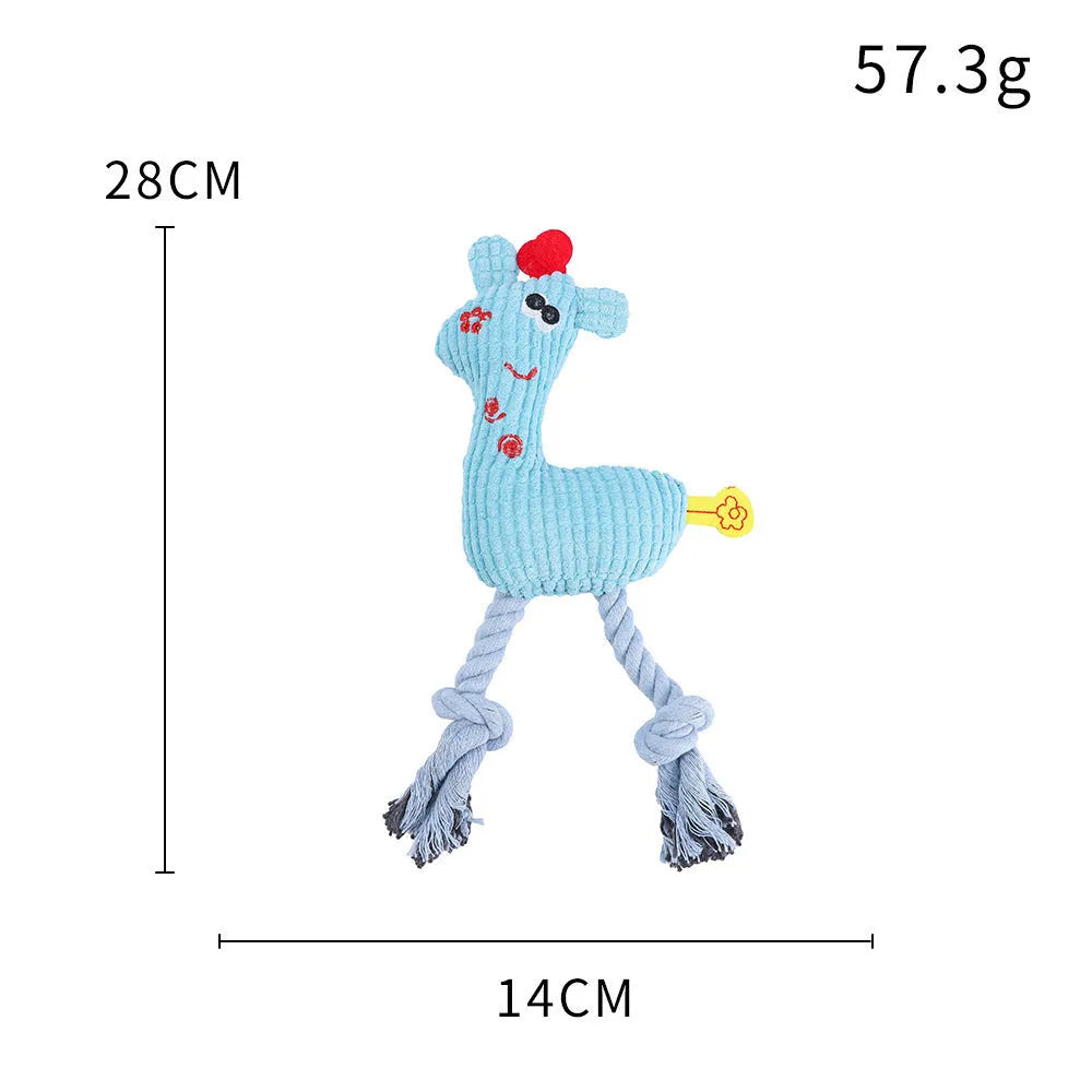 Blue plush deer-shaped dog toy with corn grain texture on a white background.