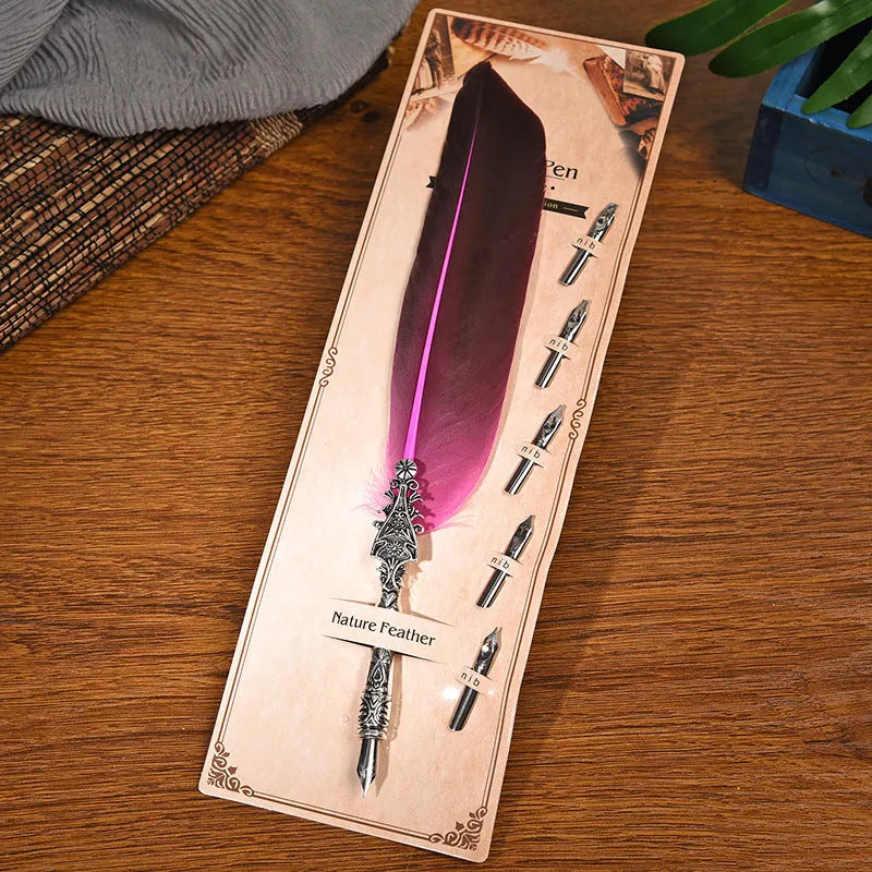 Vintage feather dip pen in 10 colours with zinc alloy construction and 30cm length