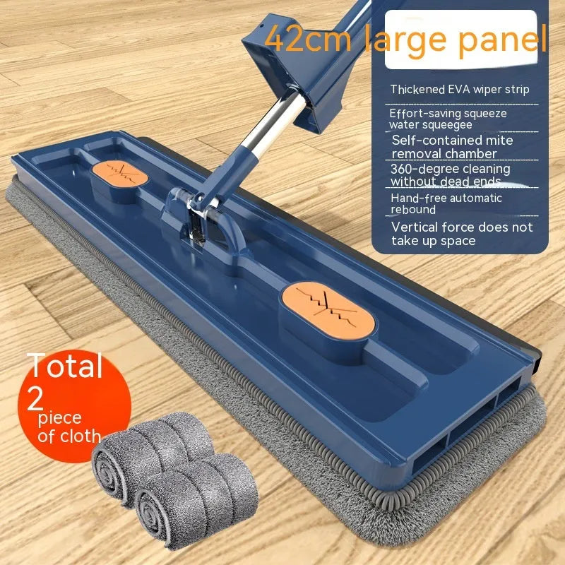 Large flat mop with stainless steel handle and blue cleaning cloths showing 360° rotating head mechanism