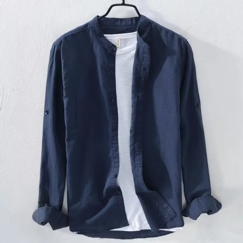 Loose fit men's casual shirt in cotton linen blend fabric showing long sleeves and solid colour options