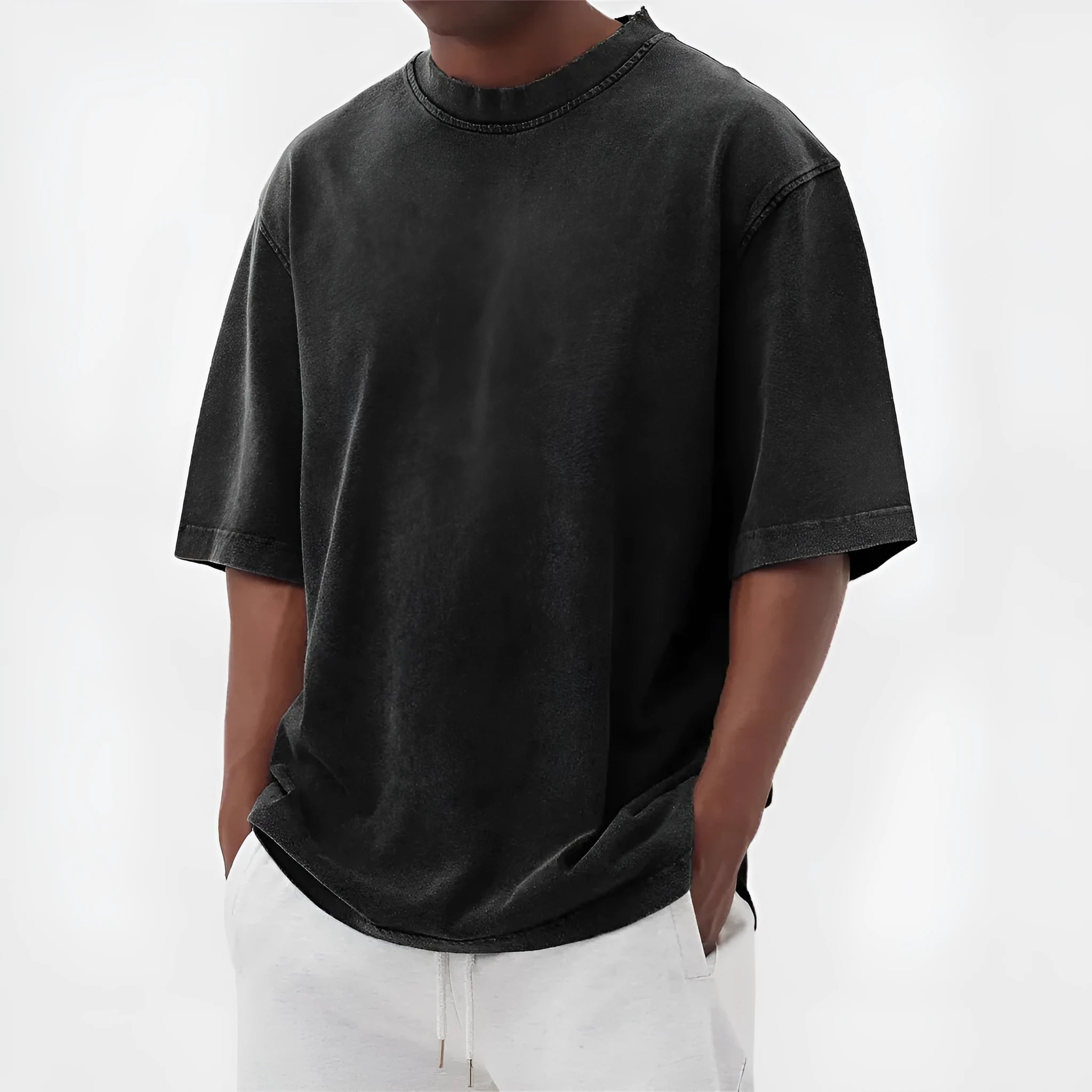 Men's stone-washed distressed loose fit t-shirt in army green colour on a hanger.