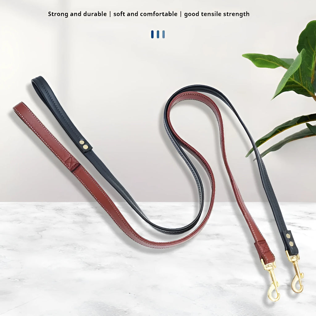 A high-grade PU leather dog traction belt leash shown in black and maroon colour options.