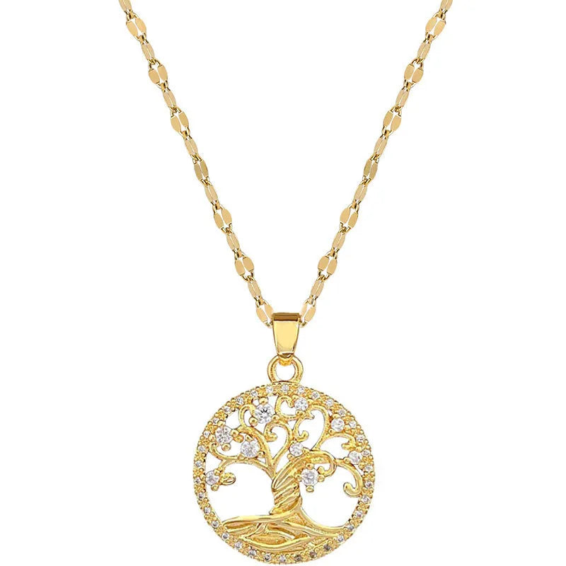Gold-plated cross necklace with mother-of-pearl pendant and rhinestone detailing on adjustable chain