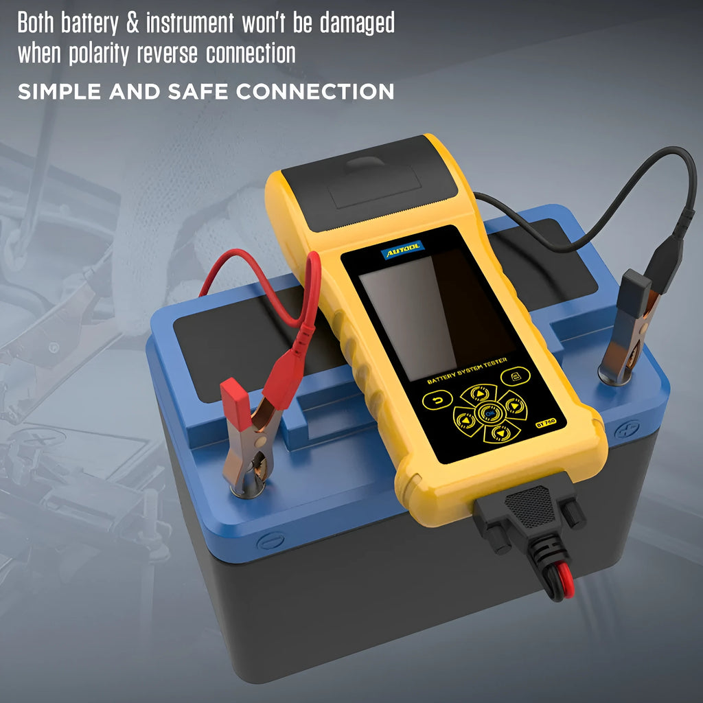 Autool BT760 colour screen vehicle battery tester with red and black clips and built-in thermal printer.