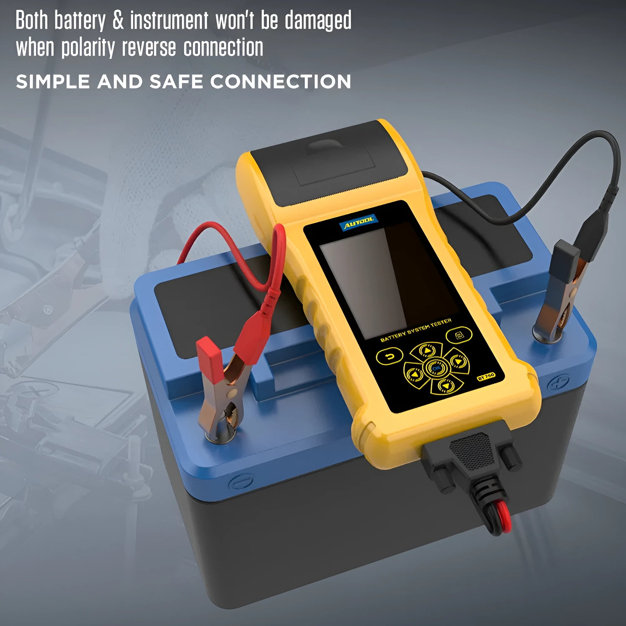 Autool BT760 colour screen vehicle battery tester with red and black clips and built-in thermal printer.