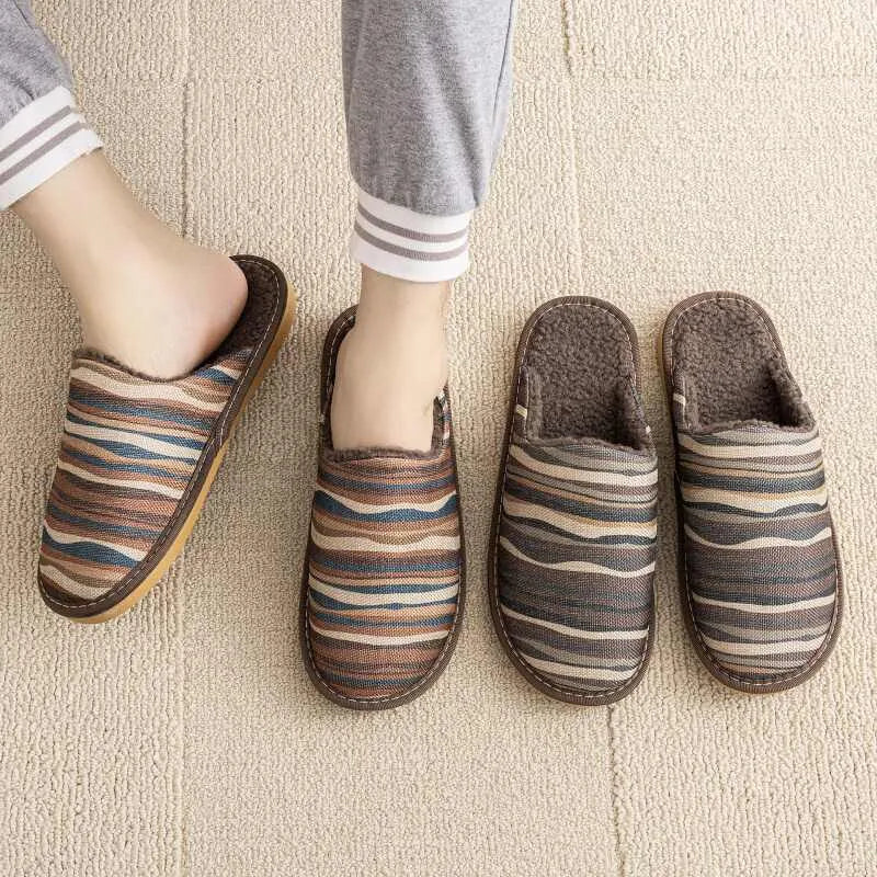 Cotton household slippers with linen surface and PVC soles in multiple colour options