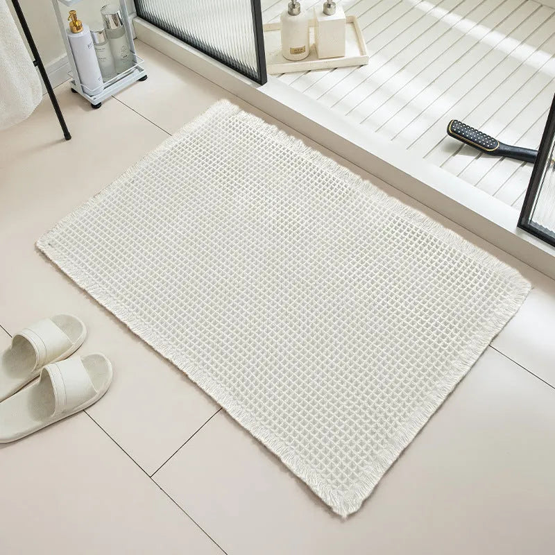 Checkered pattern non-slip absorbent bathroom floor carpet in polyester, shown in multiple colour options.