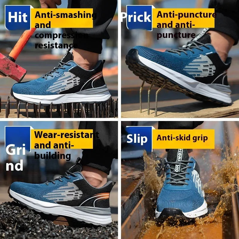Blue men's lightweight safety work shoes with mesh upper and plastic toe cap