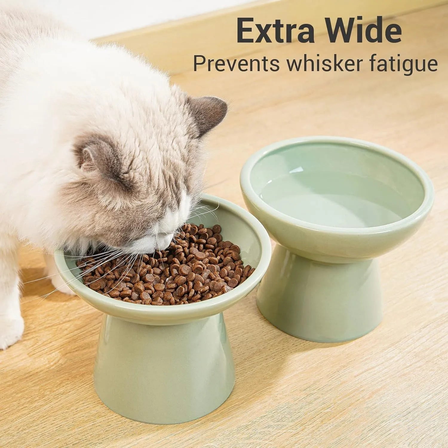 Elevated ceramic cat bowl with wide shallow dish in blue, green, pink or white colours