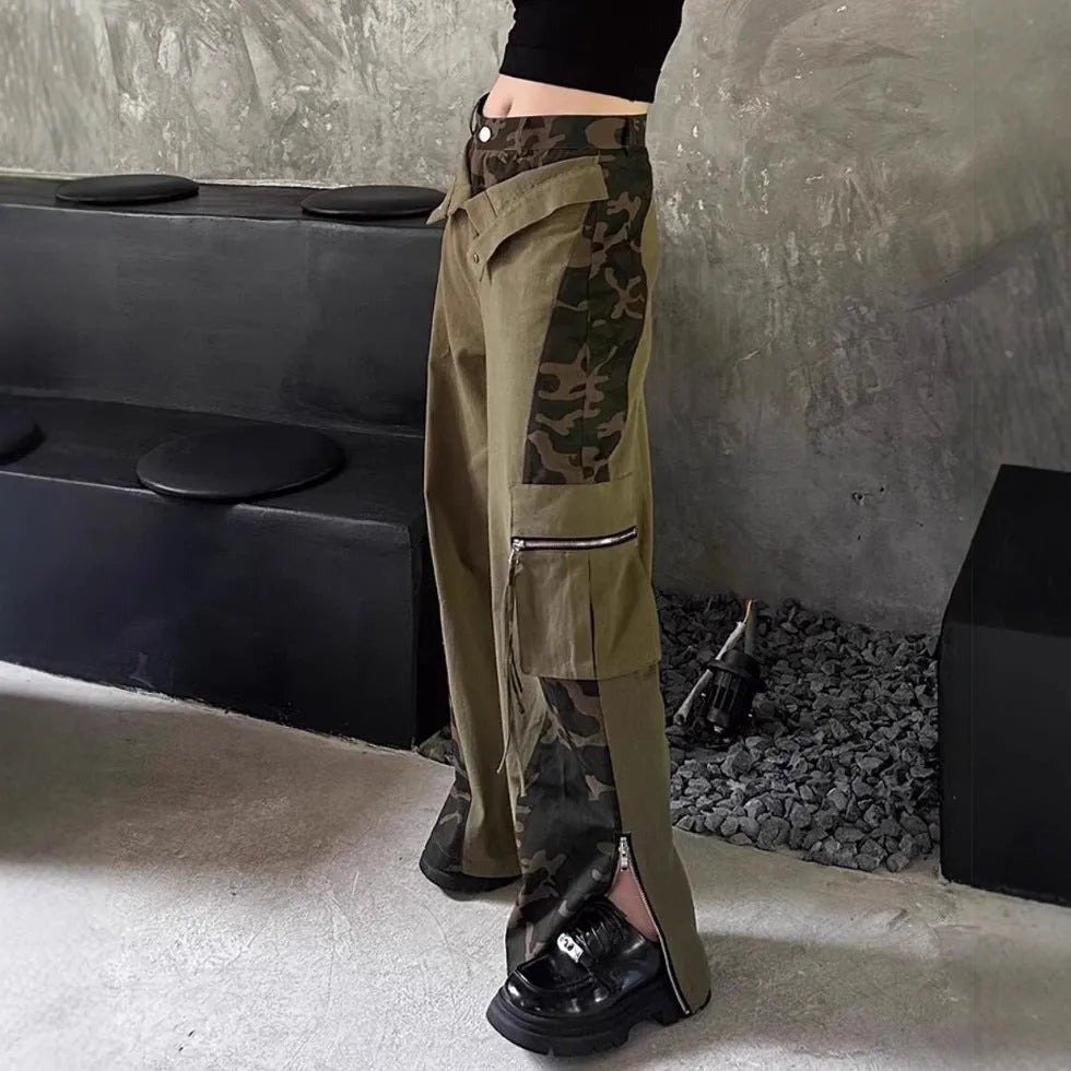 Dark khaki leopard print high waist straight leg denim trousers with contrast stitching detail.